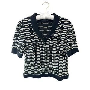 LIOLA Black Wavy Knit Short Sleeve Button Front Top Made in Italy | Size 46